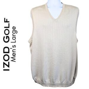 Izod Golf Mens Sweater Vest Large Beige 100% Cotton Lightweight Pointelle Preppy